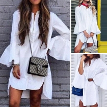Fashion Solid Color Lotus Sleeve Stand Collar High-low Back Length Shirt Dress