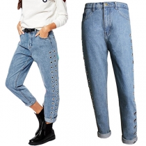 Chic Style High Waist Hollow out Keyhole Relaxed-fit Jeans