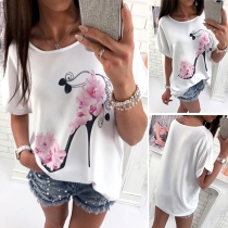 Fashion Short Sleeve Round Neck Heels Printed T-shirt
