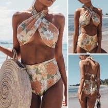 Sexy Crossover Halter Bra + High Waist Briefs Printed Bikini Set