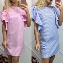 Sweet Style Off-shoulder Lotus Sleeve Round Neck Striped Dress