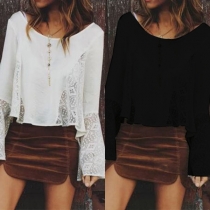 Fashion Lace Spliced Trumpet Sleeve Round Neck Solid Color Top