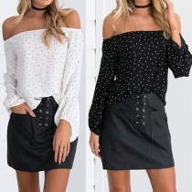 Sexy Off-shoulder Boat Neck Long Sleeve Dots Printed Blouse
