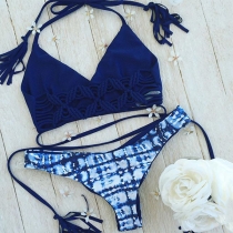 Sexy Lace-up Halter Bikini Top + Low-waist Printed Bikini Bottom Bikini Set
