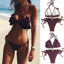 Sexy Solid Color Ruffle Lace-up Halter Bikini Set