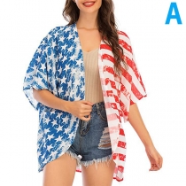 Fashion American Flag Printed Half Sleeve Chiffon Cardigan