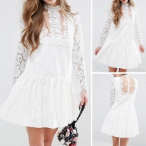 Sexy See-through Gauze Spliced Long Sleeve Round Neck Lace Dress