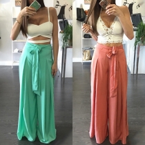 Casual Style Lace-up High Waist Solid Color Wide-leg Pants