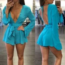 Sexy Backless Deep V-neck Long Sleeve Solid Color Romper
