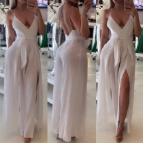 Sexy Backless Deep V-neck Slit Hem Solid Color Sling Jumpsuit