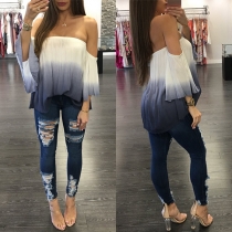 Sexy Off-shoulder Trumpet Sleeve Color Gradient Top 