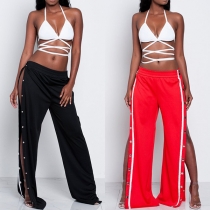 Punk Style Rivets Side-slit Elastic Waist Wide-leg Pants