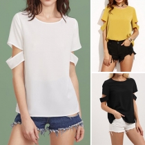 Fashion Solid Color Hollow Out Short Sleeve Round Neck Slit Hem Chiffon Blouse