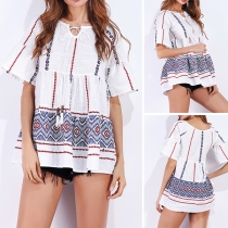 Fashion Trumpet Sleeve Lace-up Round Neck Printed Top 