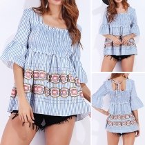 Fashion Trumpet Sleeve Square Collar Printed Spliced Striped Top