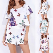 Fashion Printed Short Sleeve Round Neck Top + High Waist Shorts Two-piece Set