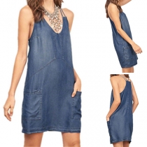 Sexy Backless V-neck Sling Denim Dress