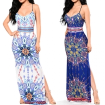 Sexy Backless V-neck Slit Hem High Waist Printed Sling Maxi Dress
