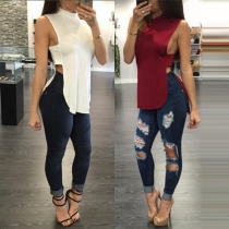 Chic Style Sleeveless Mock Neck Slit Hem Solid Color T-shirt