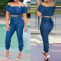 Sexy Off-shoulder Denim Crop Top + High Waist Denim Pants Two-piece Set
