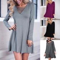 Fashion Solid Color Long Sleeve Hollow Out V-neck Dress