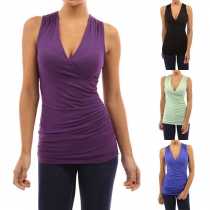 Fashion Solid Color Sleeveless V-neck T-shirt
