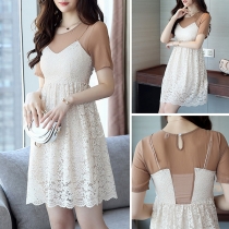 Fashion Short Sleeve Round Neck Lace Spliced Mock Two-piece Dress