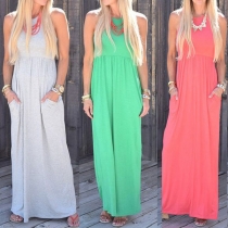 Bohemian Style Sleeveless Round Neck Solid Color Maxi Dress