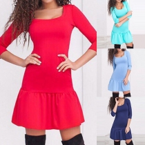 Fashion Solid Color Long Sleeve Round Neck Ruffle Hem Mini Dress