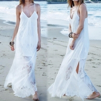 Sexy Backless V-neck Slit Hem Lace Spliced Sling Maxi Dress