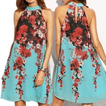 Fashion Sleeveless Mock Neck Printed Dress