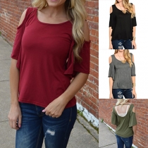 Sexy Off-shoulder Trumpet Sleeve Round Neck Solid Color T-shirt