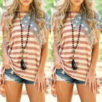 Fashion American Flag Printed Short Sleeve Round Neck Irregular Hem T-shirt