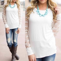 Fashion Solid Color Lace Spliced Long Sleeve Round Neck T-shirt