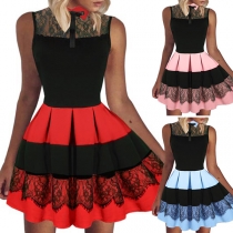Fashion Contrast Color Sleeveless POLO Collar Lace Spliced Dress