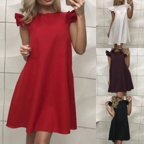 Fashion Solid Color Lotus Sleeve Round Neck Dress