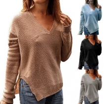 Fashion Solid Color Long Sleeve V-neck Slit Hem Knit Sweater