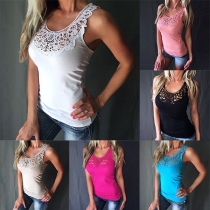 Fashion Solid Color Hollow Out Lace Spliced Round Neck Tank Top