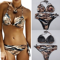 Sexy Leopard Print Lace-up Halter Bikini Set