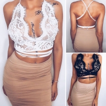 Sexy Backless Deep V-neck Lace Crop Top