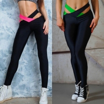 Fashion Contrast Color Hollow Out High Waist Sports Stretch Leggings