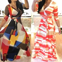 Sexy Deep V-neck Long Sleeve Colorful Printed Maxi Dress