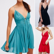 Sexy Backless Deep V-neck Solid Color Sling Dress