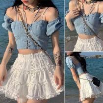 Sexy Off-shoulder Boat Neck Short Sleeve Hollow out Lace-up Denim Crop Top