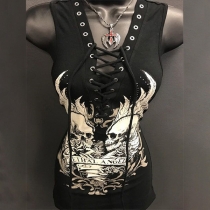 Retro Style Skull Head Printed Slim Fit Tank Top