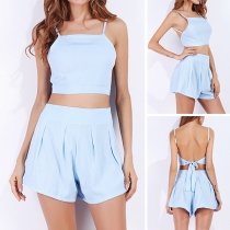 Sexy Solid Color Backless Cami Top + High Waist Shorts Two-piece Set
