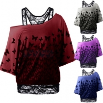 Fashion Lace Spliced Butterfly Printed Short Sleeve T-shirt