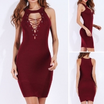 Sexy Lace-up Hollow Out Sleeveless Round Neck Solid Color Bodycon Dress