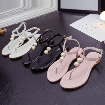 Bohemian Style Flat Heel Pearl Inlaid Thong Sandals