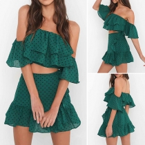 Sexy Dots Printed Off-shoulder Ruffle Crop Top + High Waist Skirts Two-piece Set